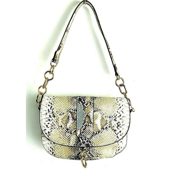 NEW JustFab GRAY BEIGE SNAKE PRINT VEGAN LEATHER MEDIUM FLAP SHOULDER BAG PURSE - Picture 1 of 11